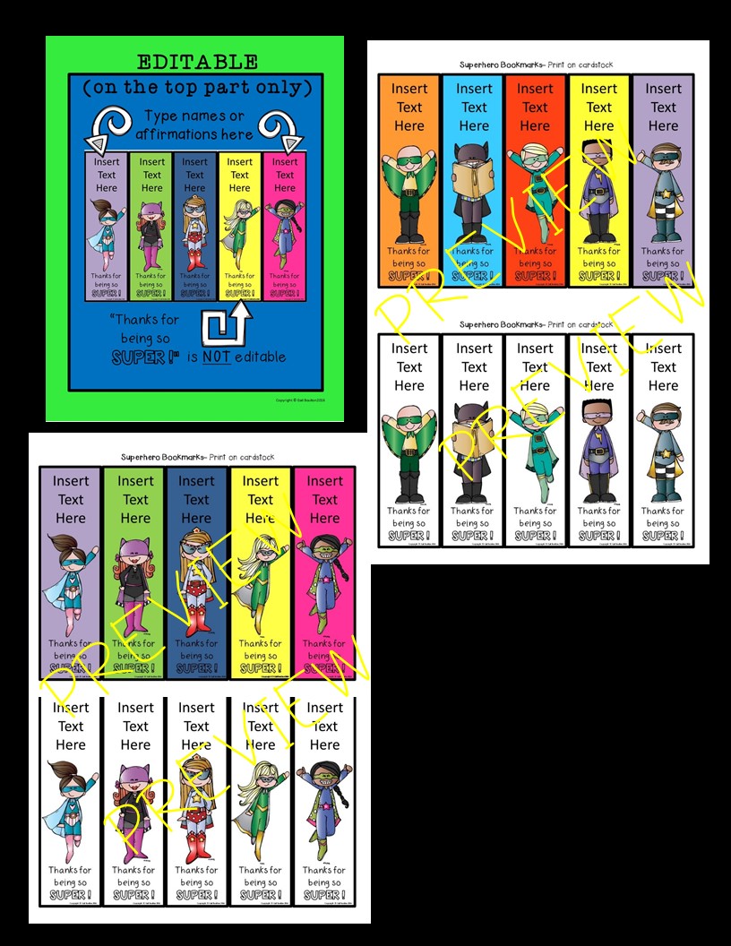 Superhero Editable Bookmarks